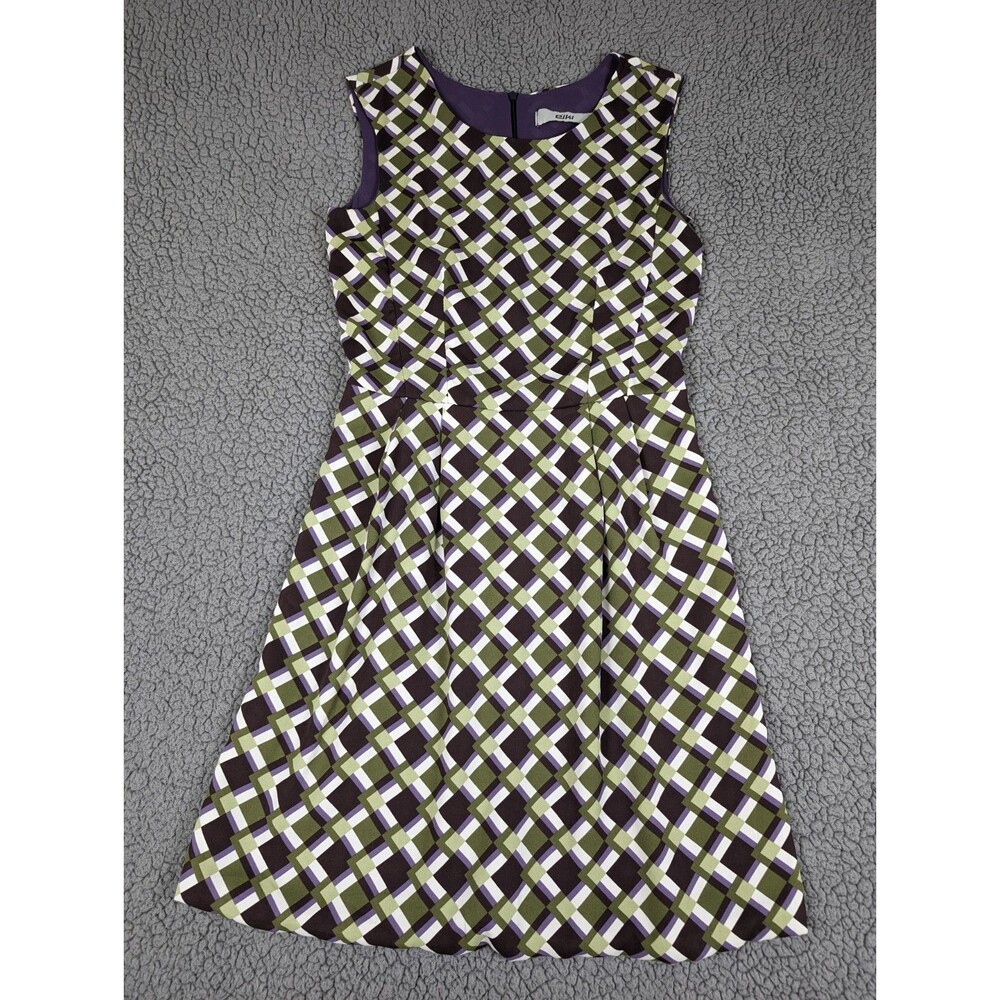 Eiki Midi Pleated Lined Dress Sleeveless Green Purple Geo Made in Italy Small